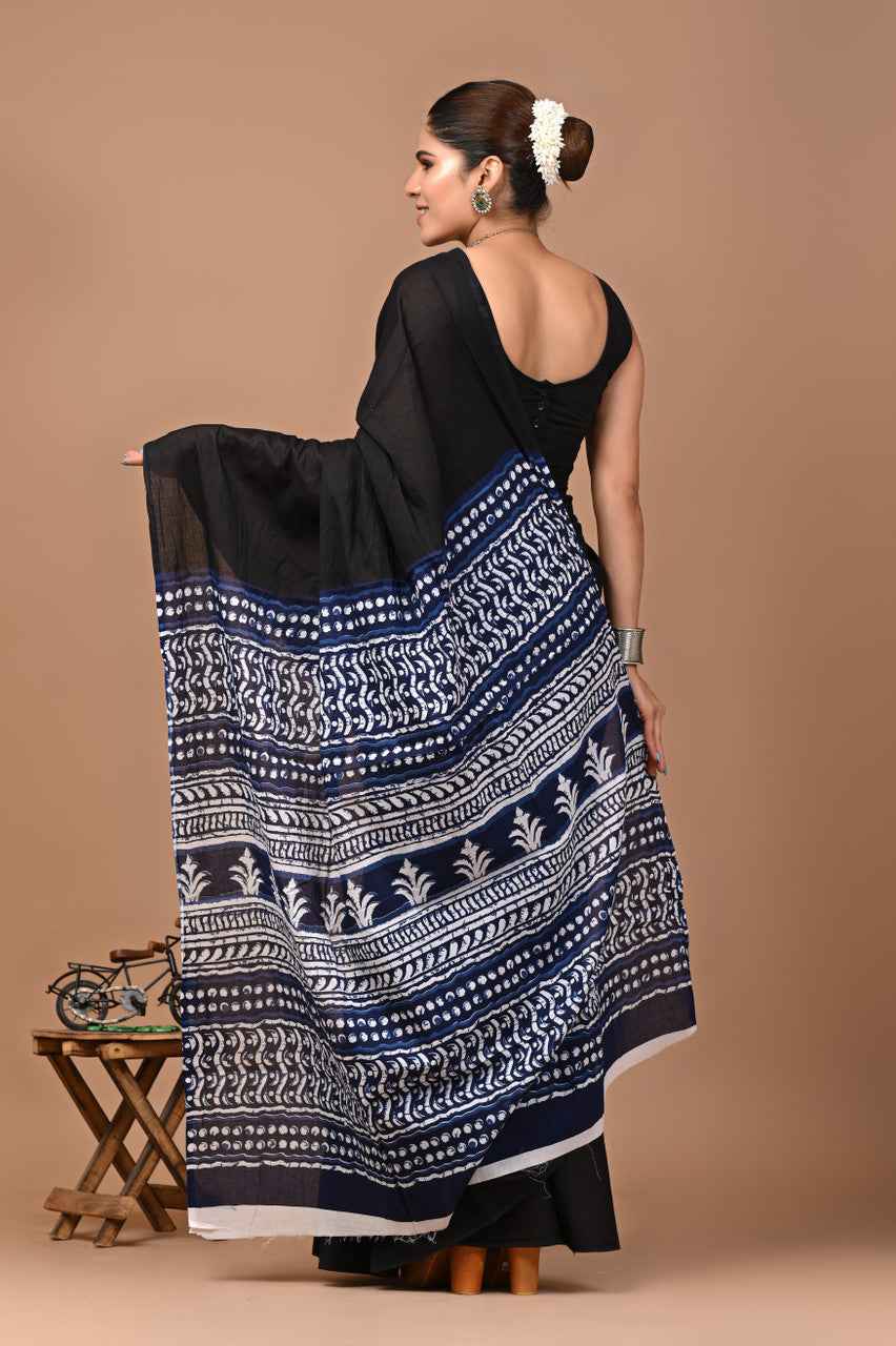 Ragini Black Mulmul Cotton Saree with Handcrafted Indigo Ajrakh Pallu