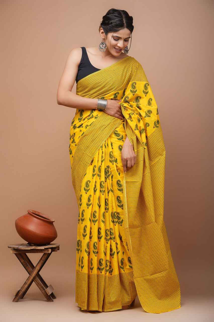 sunburst swirl haldi bloom mulmul cotton saree