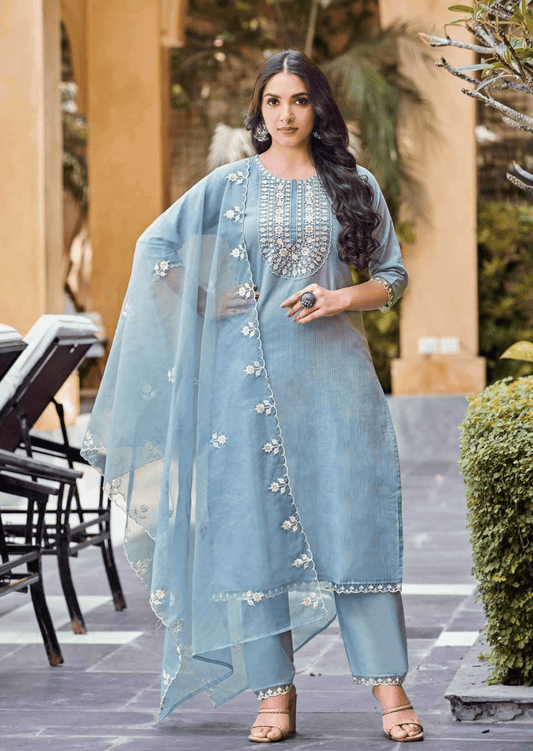 Frosted Blue Vibezz Glam Kurti Set - Yooneck