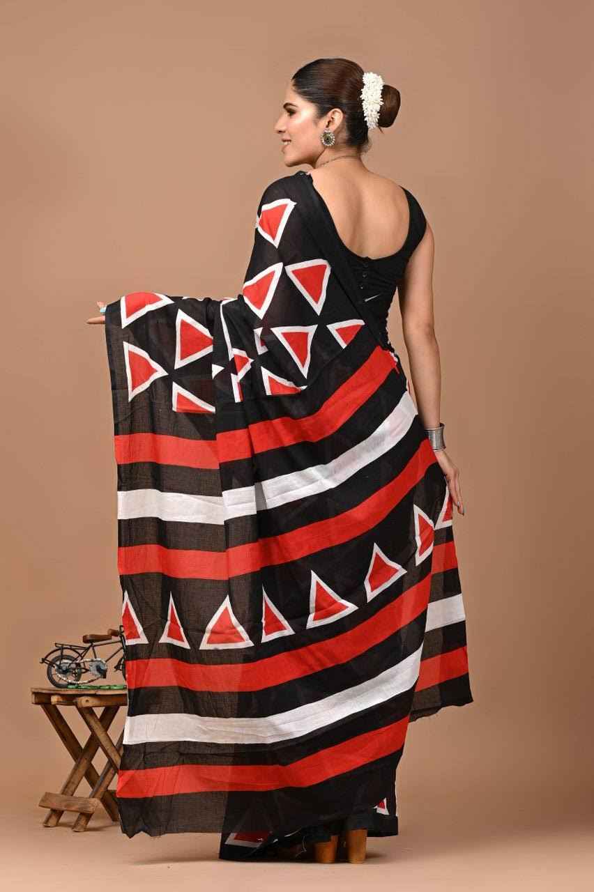 geochic mulmul cotton saree in black & red - yooneck