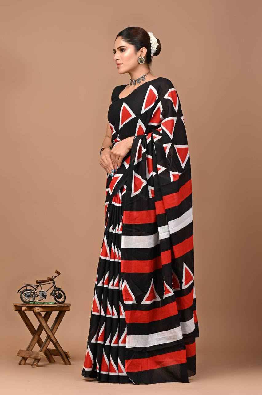 GeoChic Mulmul Cotton Saree in Black & Red - Yooneck