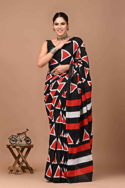 GeoChic Mulmul Cotton Saree in Black & Red - Yooneck