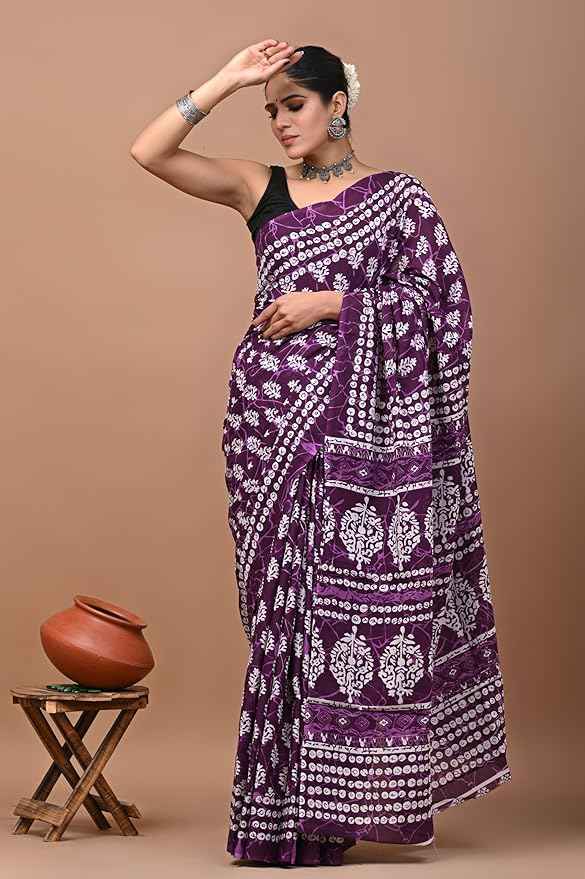 gulaabo vibe purple power in mulmul saree - yooneck