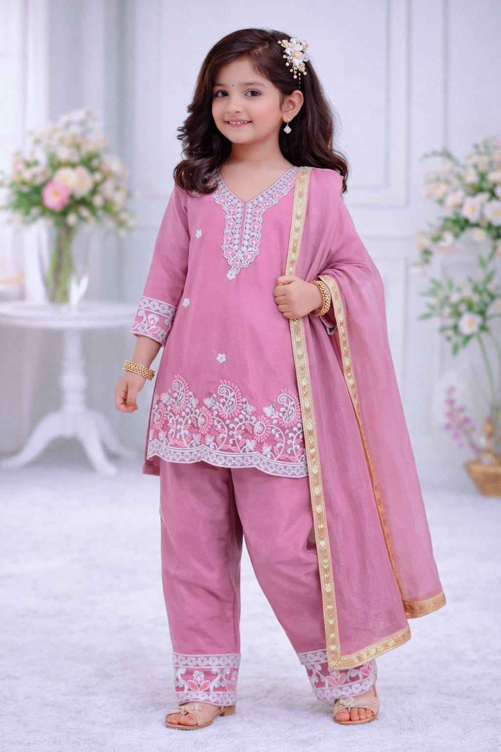 gulaboo embroidered silk kids suit set with dupatta - yooneck