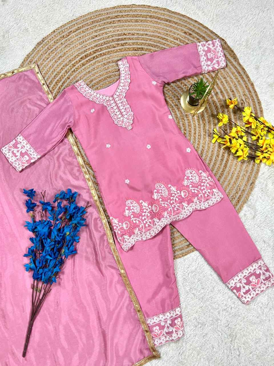 gulaboo embroidered silk kids suit set with dupatta - yooneck