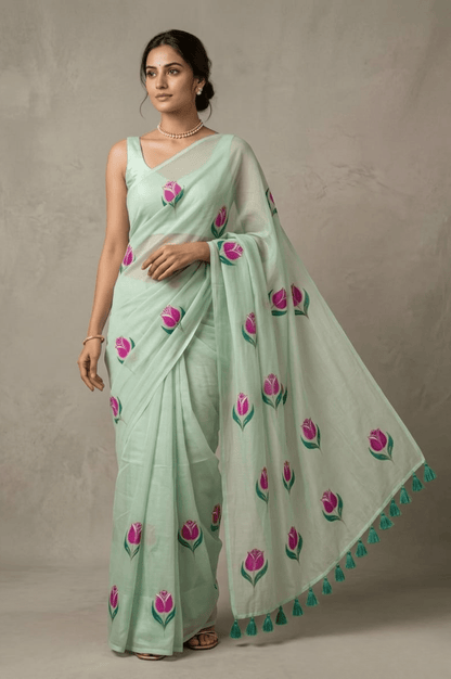 Gulbahar Handpainted Mulmul Cotton Saree - Yooneck