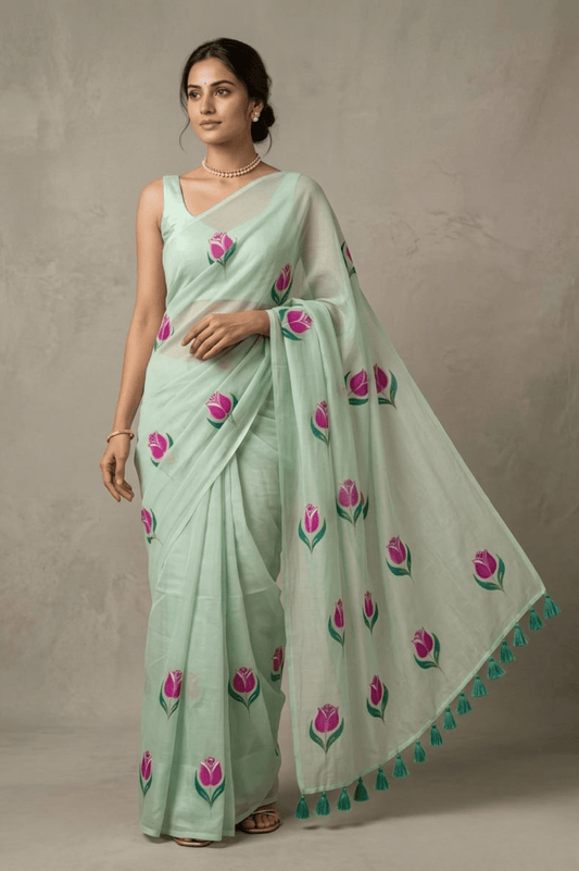 Gulbahar Handpainted Mulmul Cotton Saree - Yooneck
