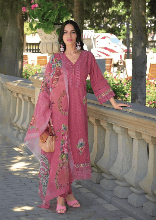 Gulbahar Rouge Pink Floral Embroidered Cotton Suit Set - Yooneck