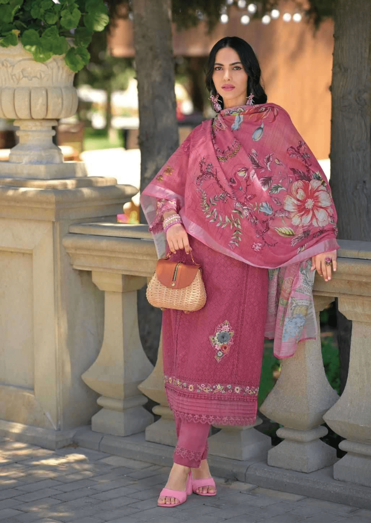 Gulbahar Rouge Pink Floral Embroidered Cotton Suit Set - Yooneck