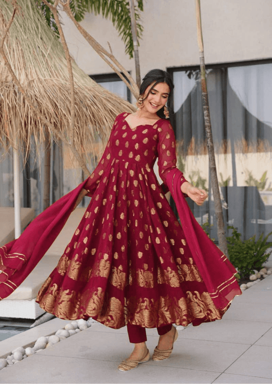 Gulmohar Maroon Anarkali Suit Set - Yooneck