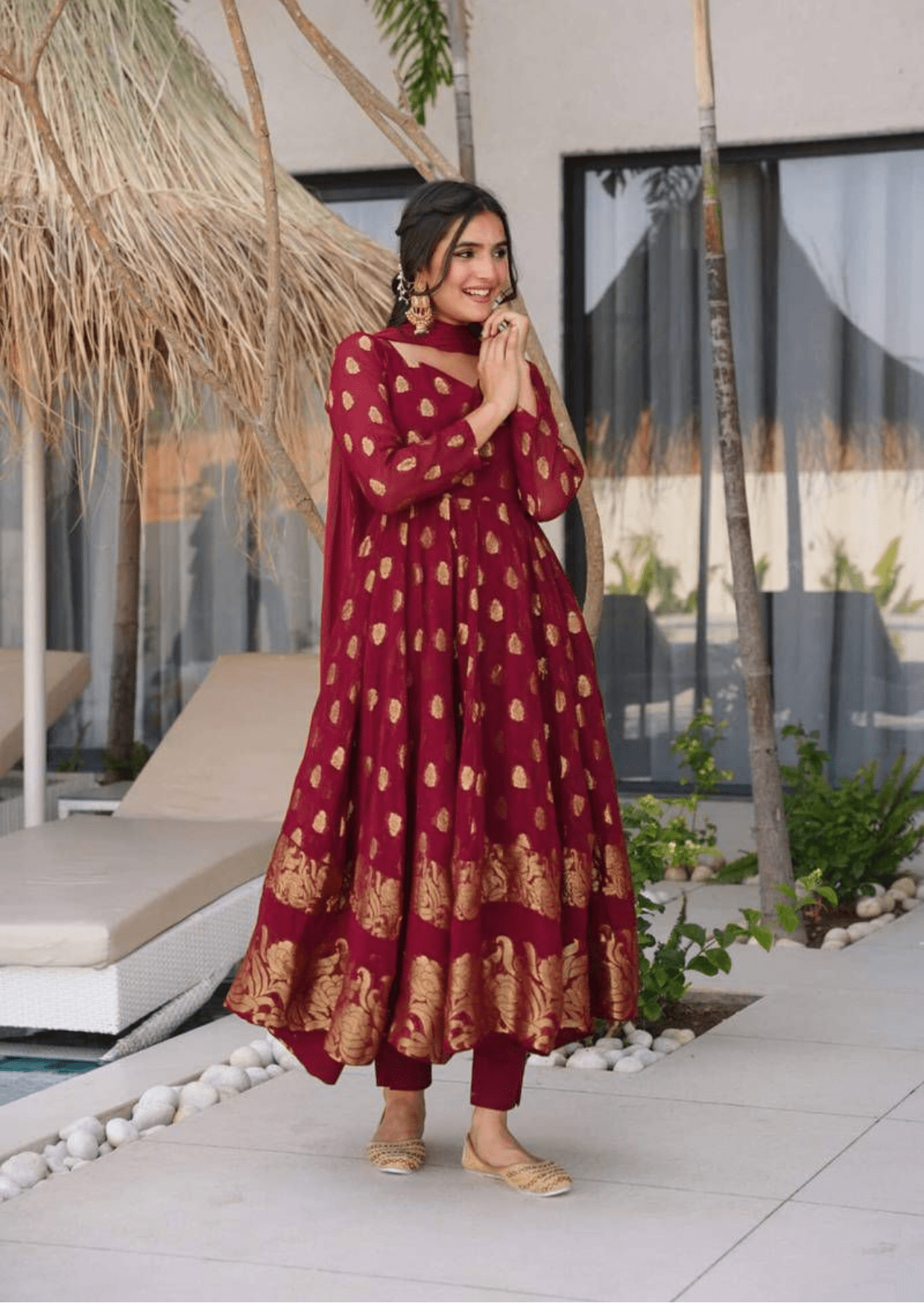 gulmohar maroon anarkali suit set - yooneck