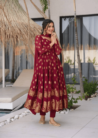 Gulmohar Maroon Anarkali Suit Set - Yooneck