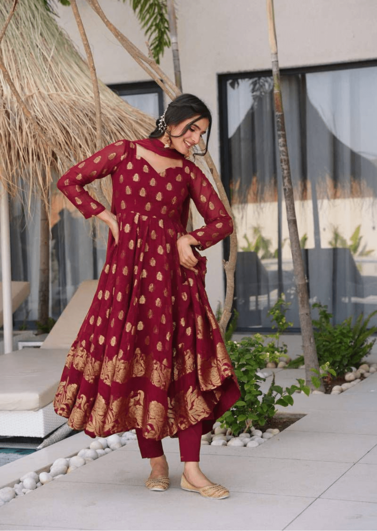 Gulmohar Maroon Anarkali Suit Set - Yooneck