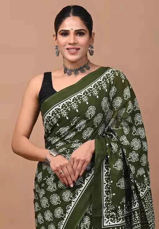 hariyali hues forest soul in mulmul saree - yooneck