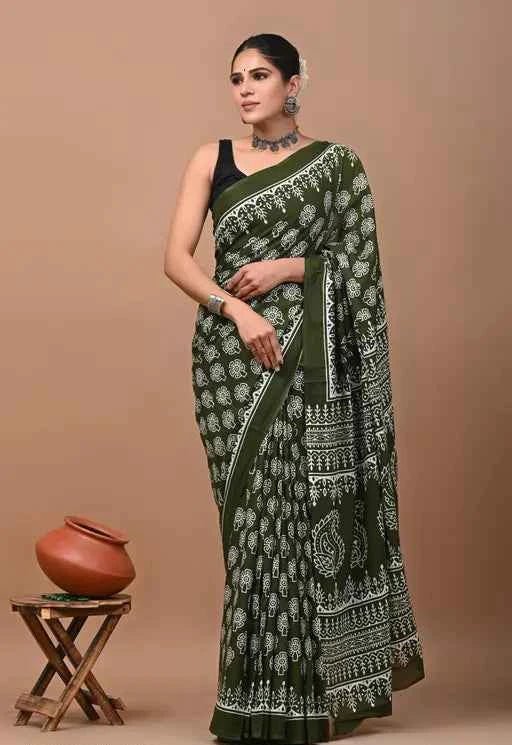 hariyali hues forest soul in mulmul saree - yooneck