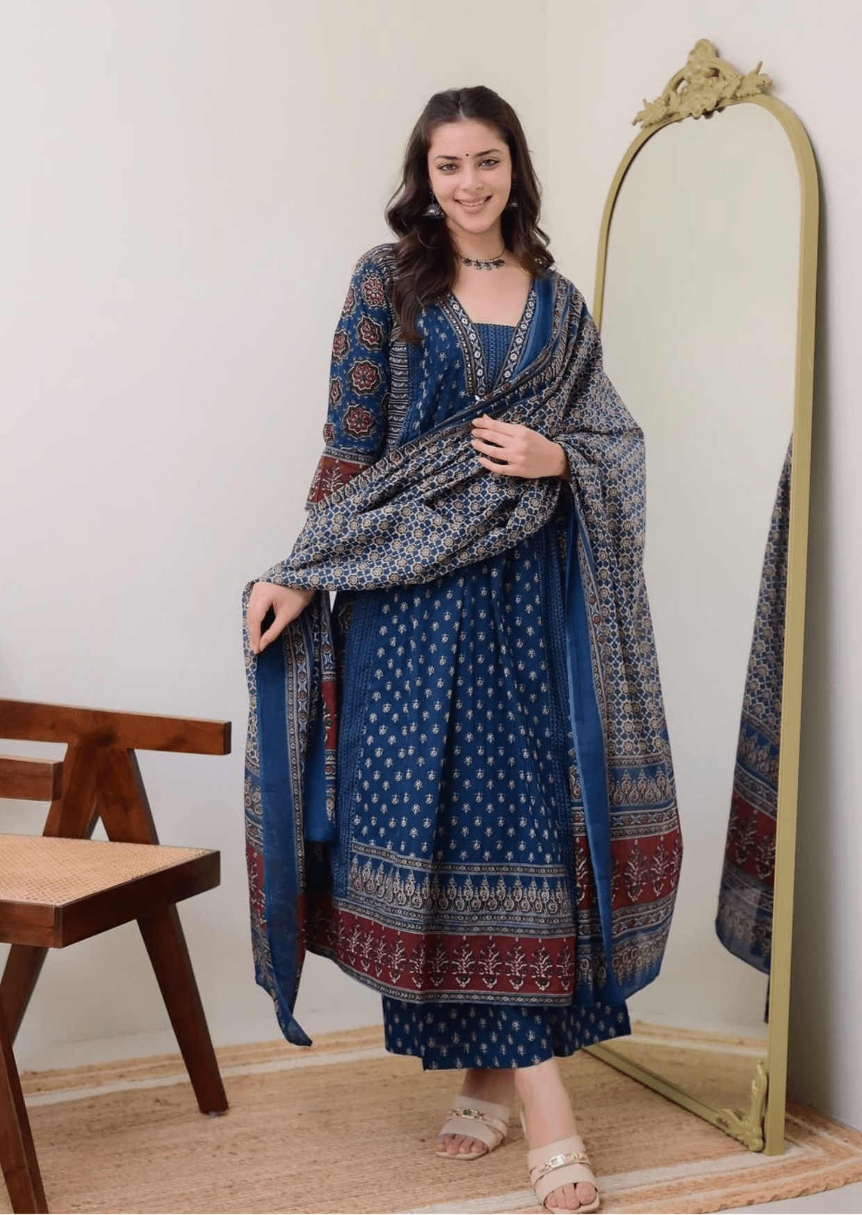 Indigo Blue Handblock Printed Cotton Suit Set - Yooneck