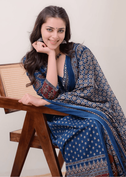 Indigo Blue Handblock Printed Cotton Suit Set - Yooneck