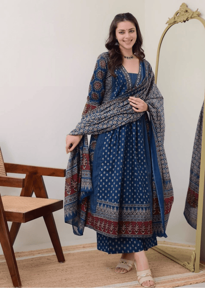 Indigo Blue Handblock Printed Cotton Suit Set - Yooneck