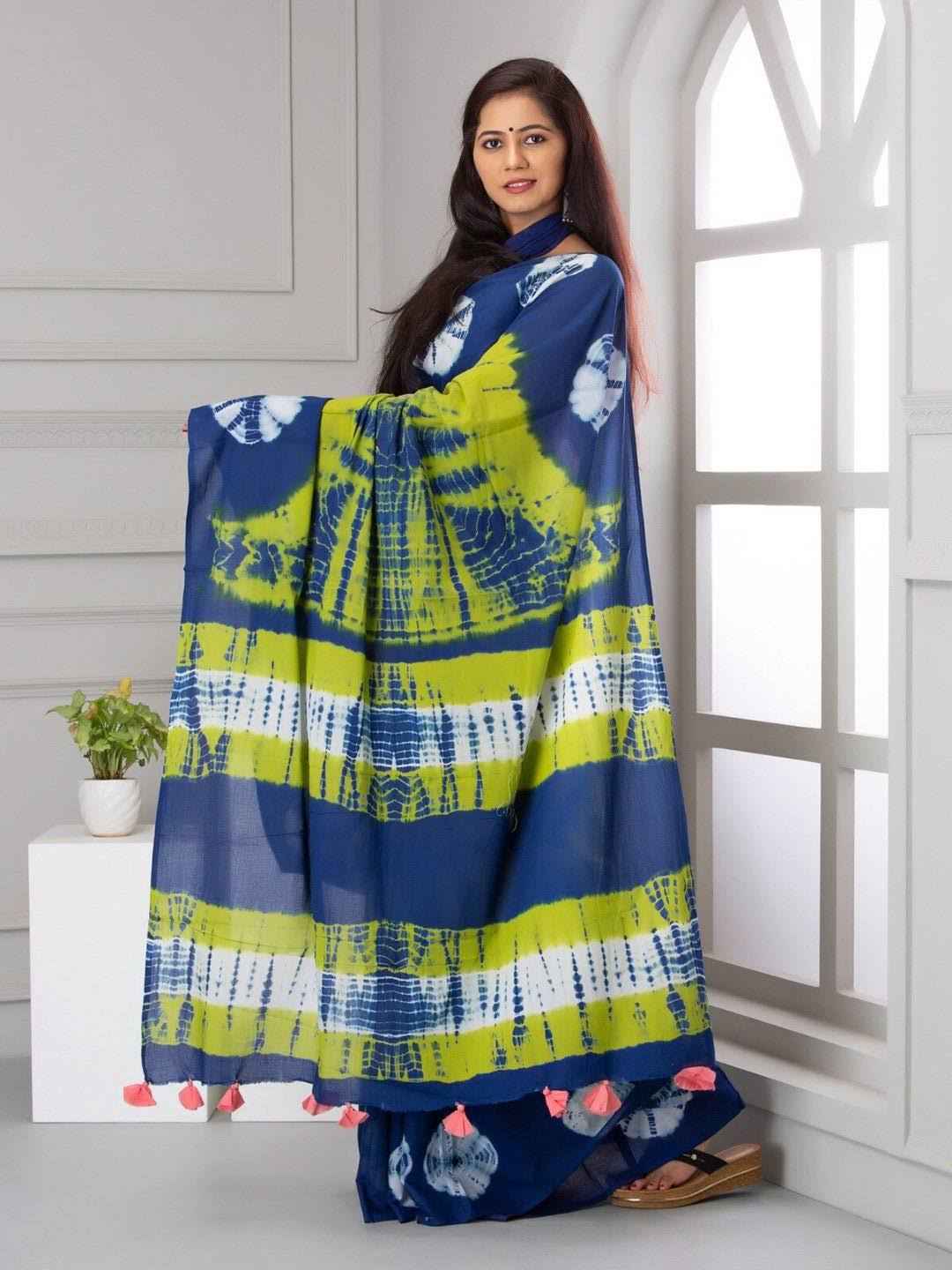 Indigo Lime Shibori Tie & Dye Pure Mulmul Cotton Saree - Yooneck