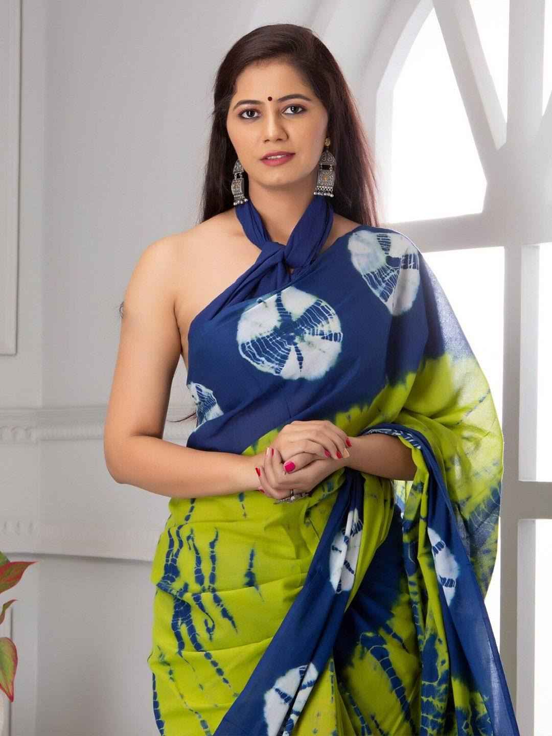 Indigo Lime Shibori Tie & Dye Pure Mulmul Cotton Saree - Yooneck