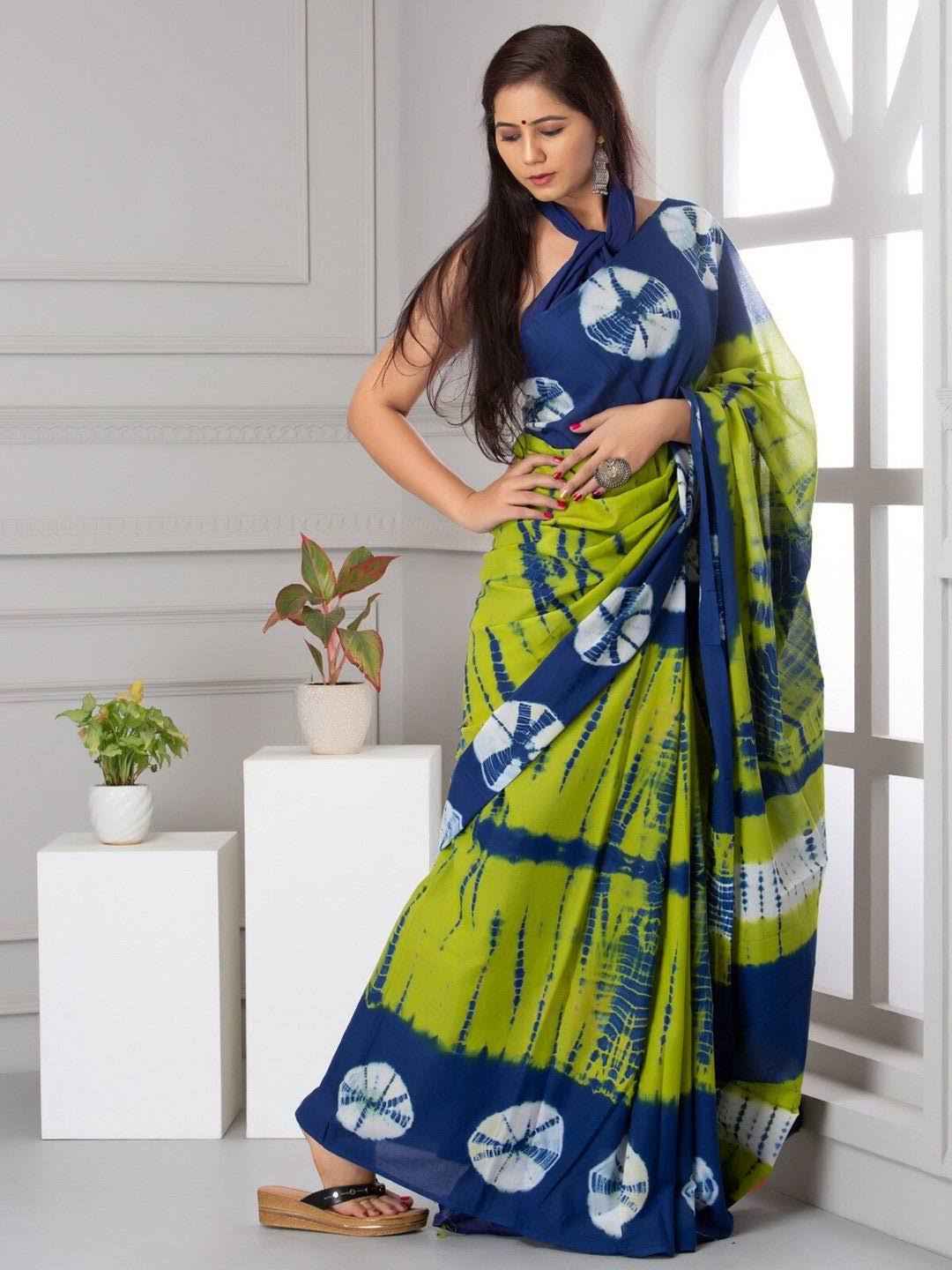Indigo Lime Shibori Tie & Dye Pure Mulmul Cotton Saree - Yooneck