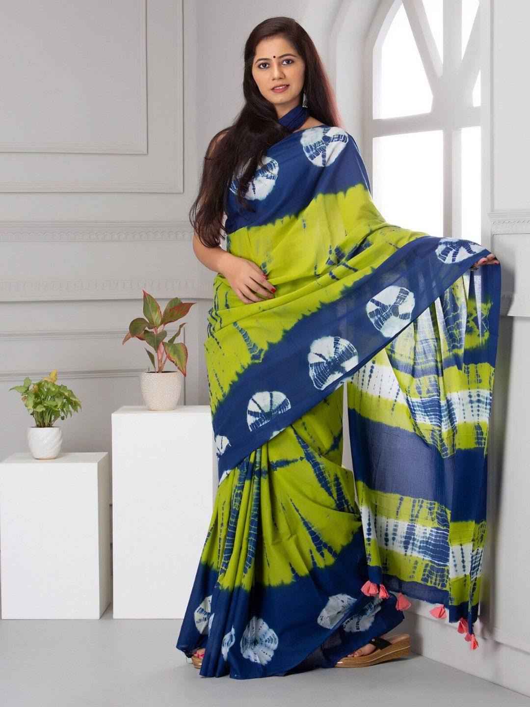Indigo Lime Shibori Tie & Dye Pure Mulmul Cotton Saree - Yooneck