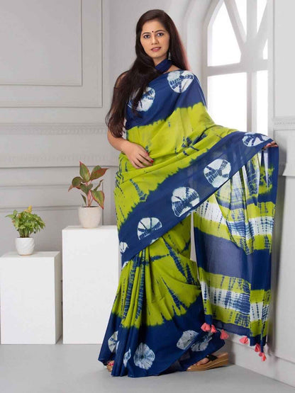 Indigo Lime Shibori Tie & Dye Pure Mulmul Cotton Saree - Yooneck
