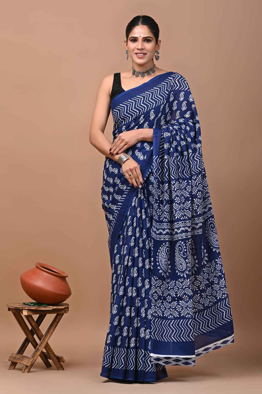 Indigo Rhythm Block Story in Mulmul Saree - Yooneck