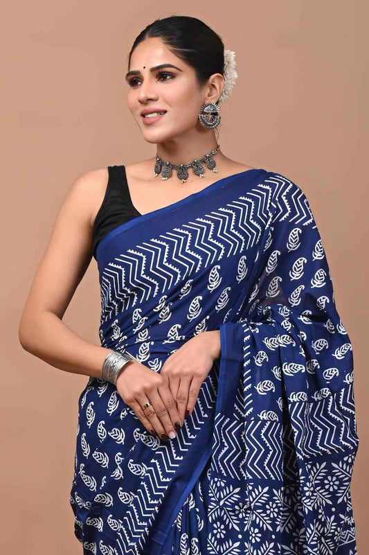 Indigo Rhythm Block Story in Mulmul Saree - Yooneck