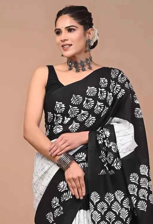 inkbloom monochrome mulmul magic saree - yooneck