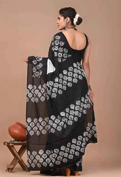 InkBloom Monochrome Mulmul Magic Saree - Yooneck