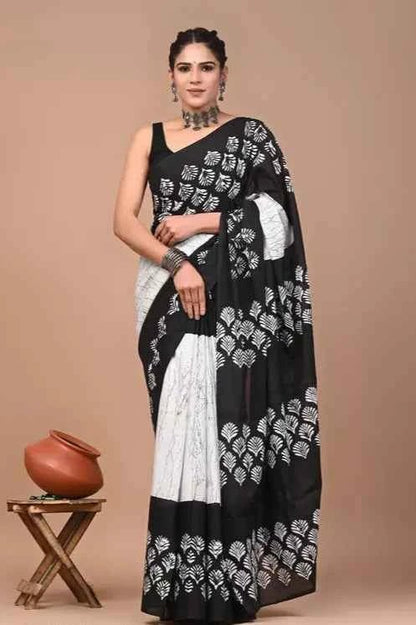 InkBloom Monochrome Mulmul Magic Saree - Yooneck