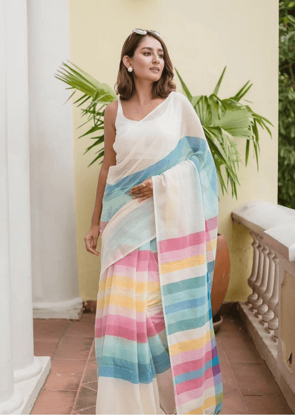 Ira Multicolor Pastel Stripe Linen Saree - Yooneck