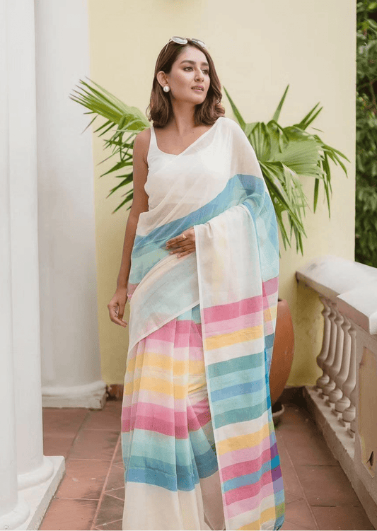 Ira Multicolor Pastel Stripe Linen Saree - Yooneck