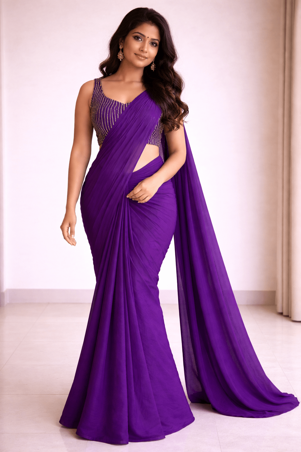 ishira amethyst crush designer saree with heavy beaded blouse - yooneck