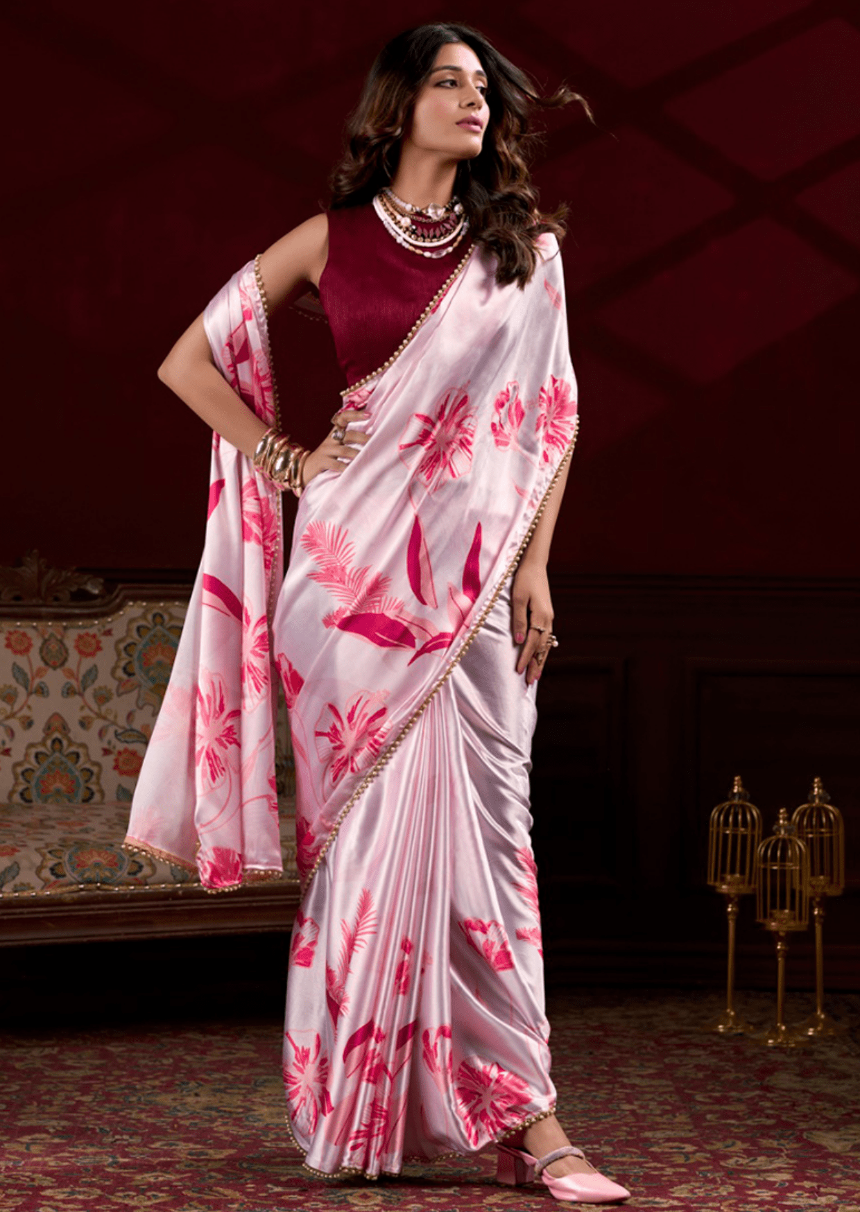 ishitha pink petal satin silk saree - yooneck