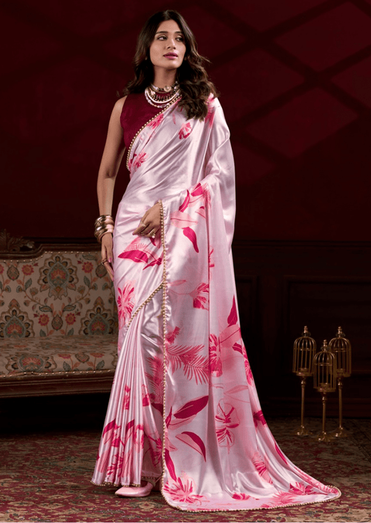 Ishitha Pink Petal Satin Silk Saree - Yooneck