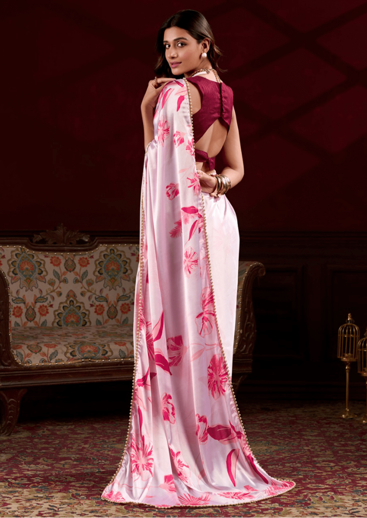 ishitha pink petal satin silk saree - yooneck