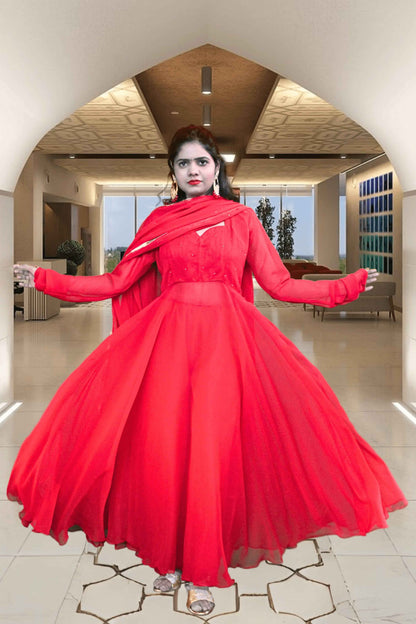 Khanak Red Georgette Anarkali Suit Set - Yooneck