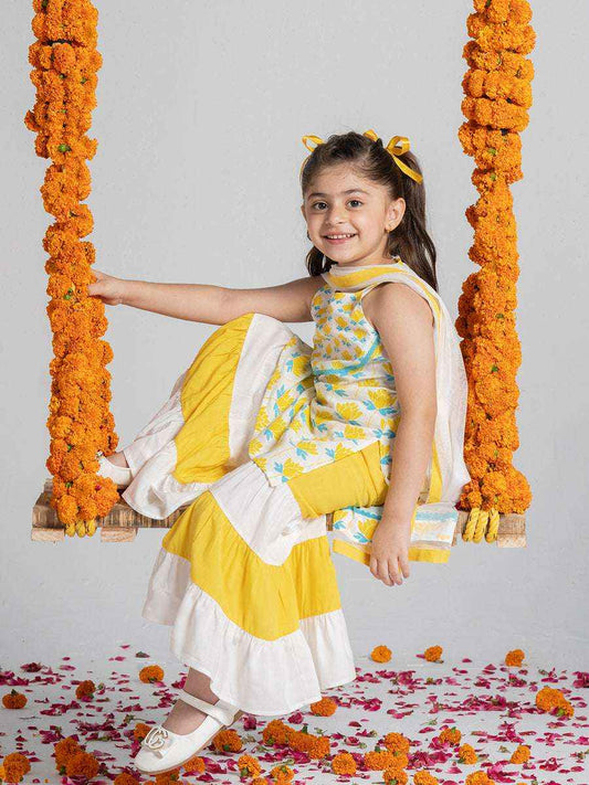 GulBano Sunshine Yellow & White Tiered Sharara Set