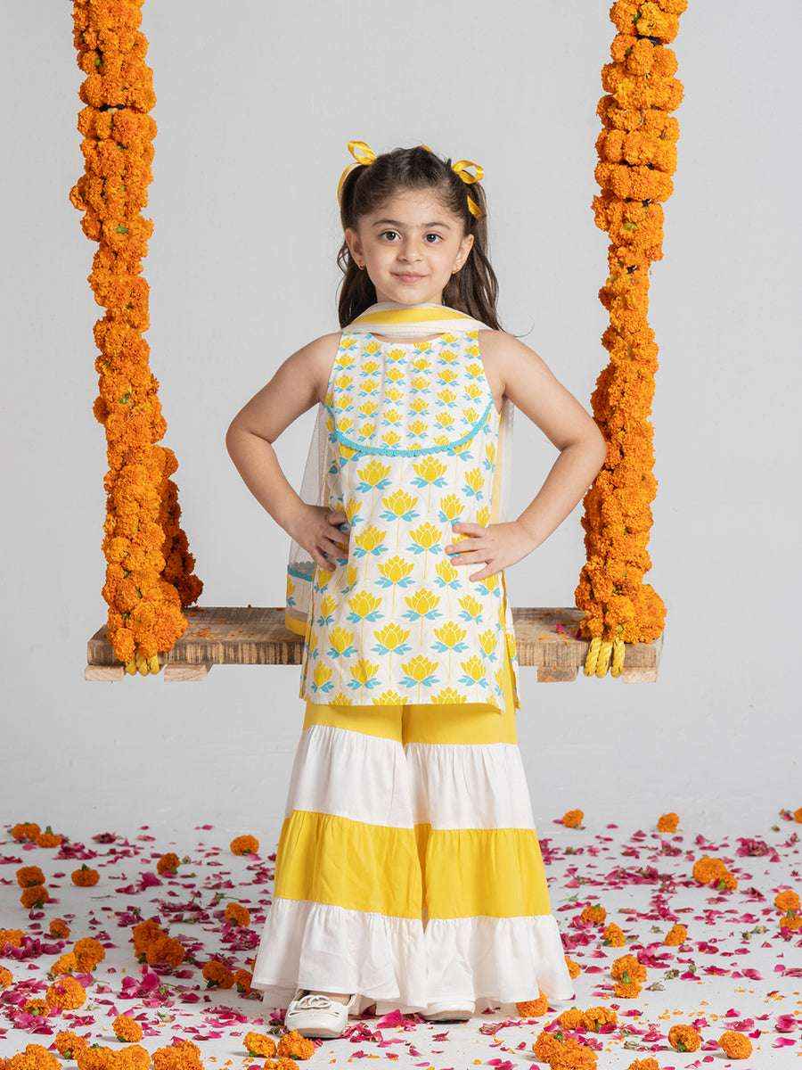 gulbano sunshine yellow & white tiered sharara set