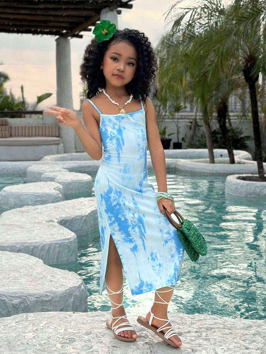 Ocean Pop Sky Blue Tie-Dye Spaghetti Dress