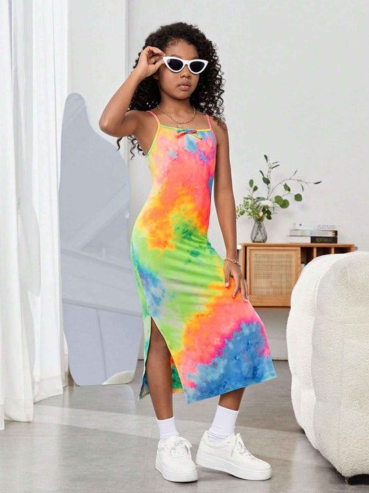 Neon Splash Multicolor Tie-Dye Spaghetti Midi Dress