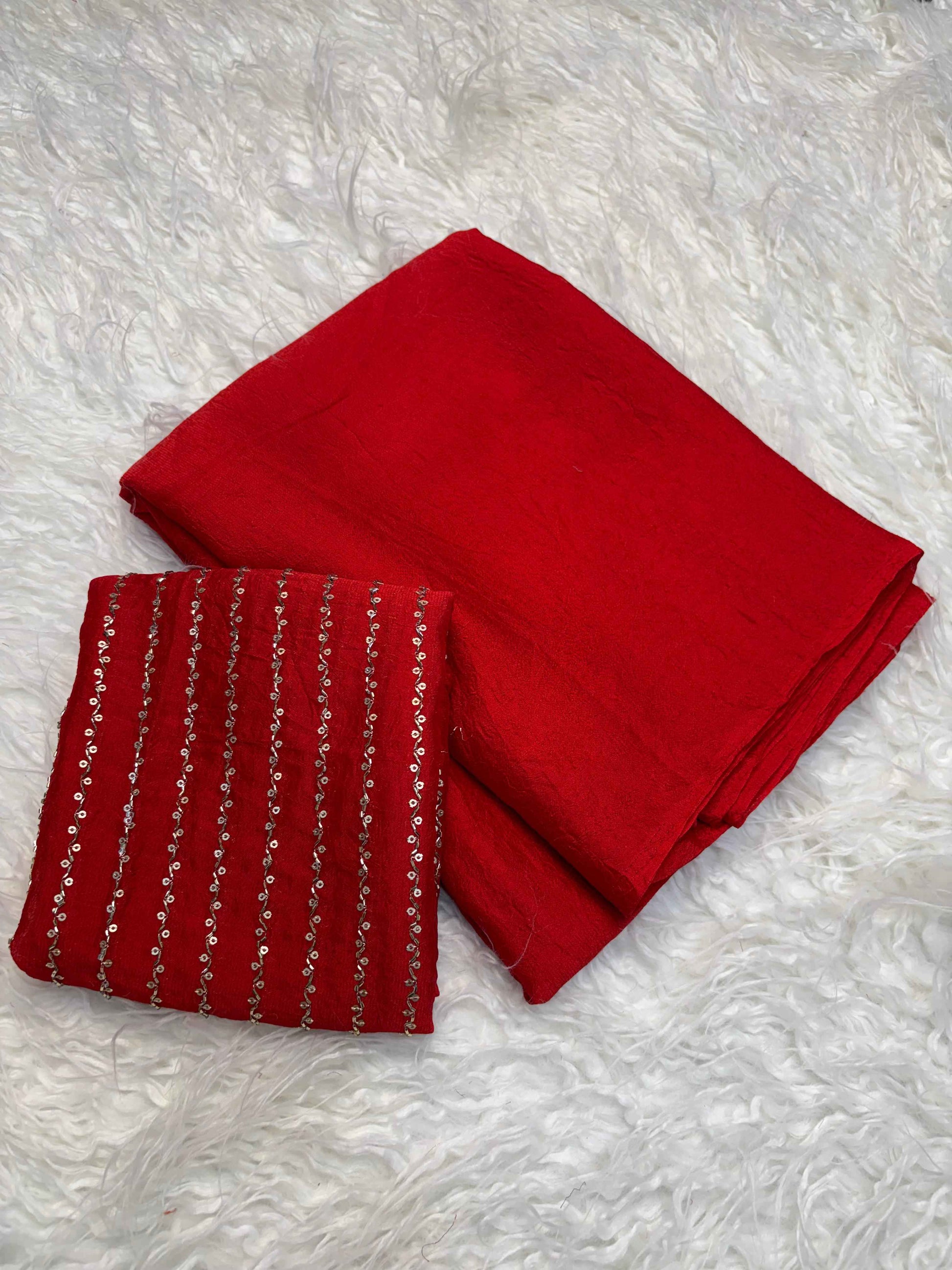 Kumkum Red Crush Tissue Saree with Embroidered Blouse - Yooneck