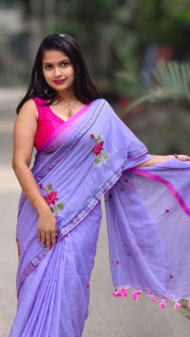 lavender lotus mul cotton embroidered saree - yooneck