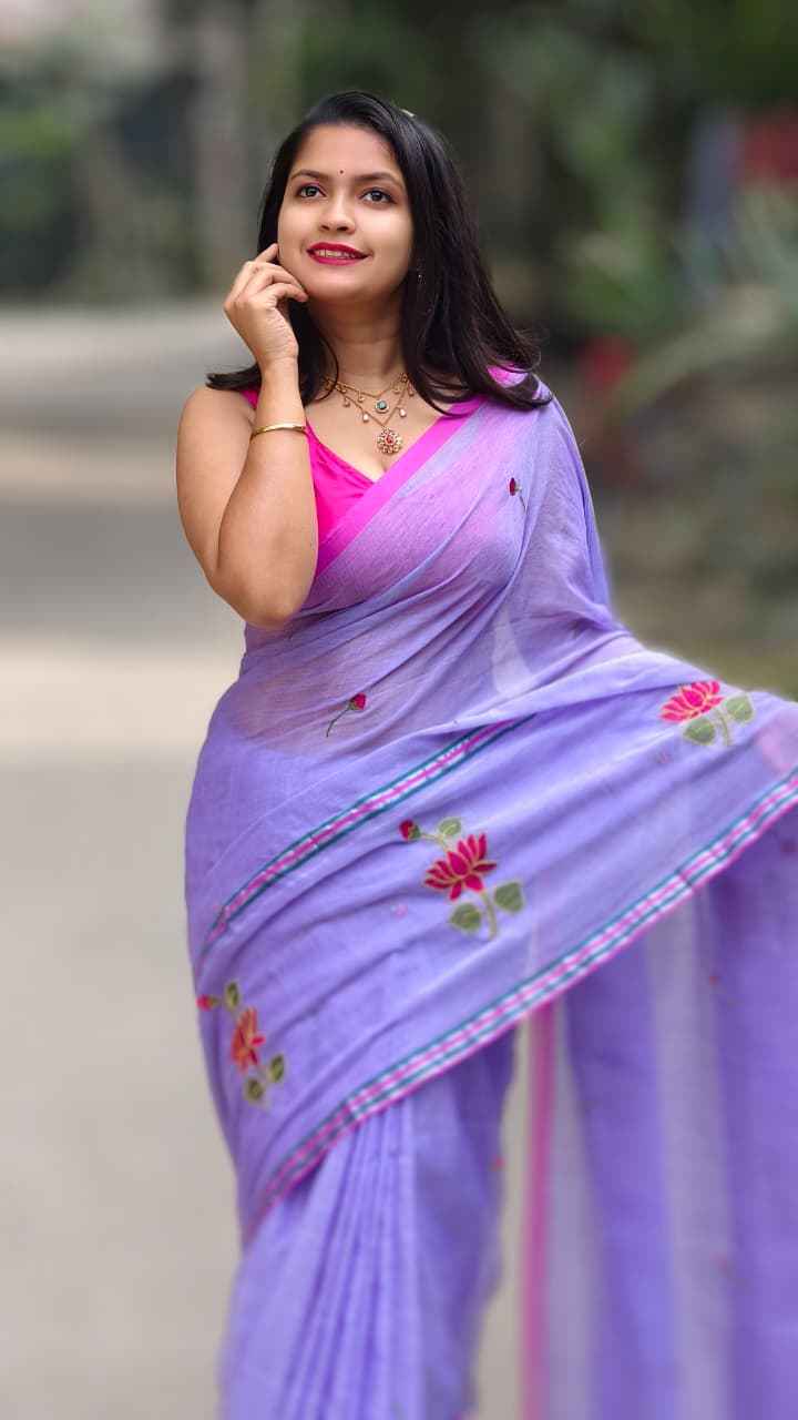 Lavender Lotus Mul Cotton Embroidered Saree - Yooneck