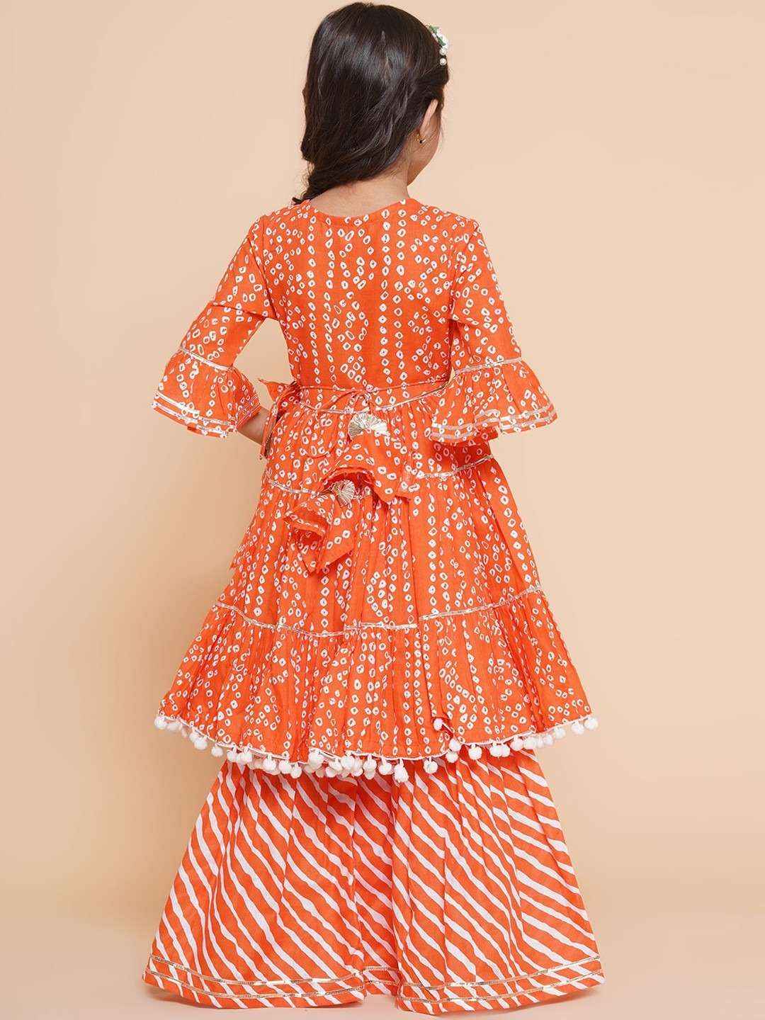 leheriya bandhej magic orange wrap kurta & palazzo set - yooneck
