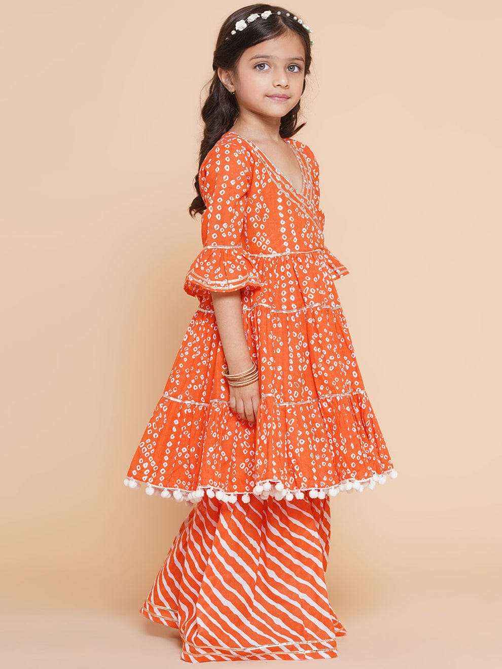 leheriya bandhej magic orange wrap kurta & palazzo set - yooneck