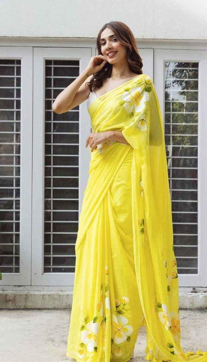 Lemon Bloom Handpainted Floral Saree with Tassel Border - Yooneck
