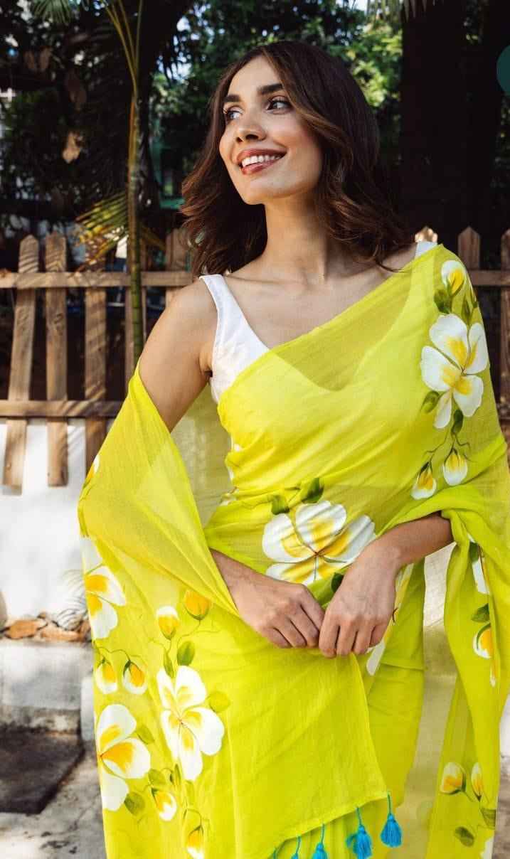 Lemon Bloom Handpainted Floral Saree with Tassel Border - Yooneck